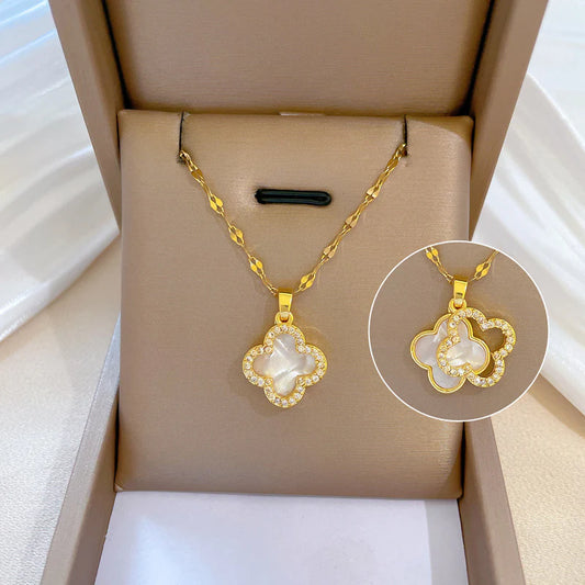 Collier trèfle blanc or